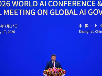 Chinese President Xi Jinping speaks at the opening ceremony for the World AI Conference in Shanghai, Friday, July 17, 2026. (AP Photo/Ng Han Guan, Pool)
