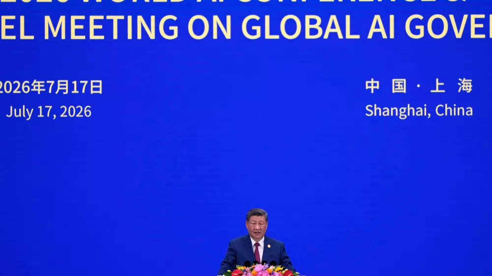 Chinese President Xi Jinping speaks at the opening ceremony for the World AI Conference in Shanghai, Friday, July 17, 2026. (AP Photo/Ng Han Guan, Pool)