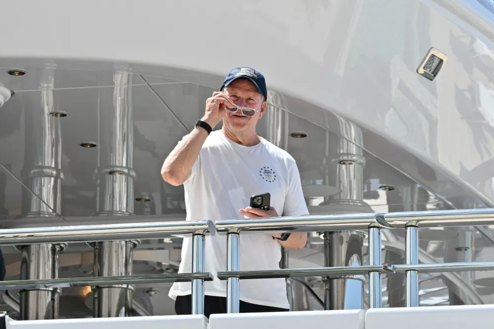 U.S. Ambassador to Italy Tilman Fertitta arrives in Venice, Italy, Friday, July 17, 2026, aboard his super yacht Boardwalk as part of his "Freedom 250 Coastal Diplomacy" tour.(AP Photo/Luigi Costantini)