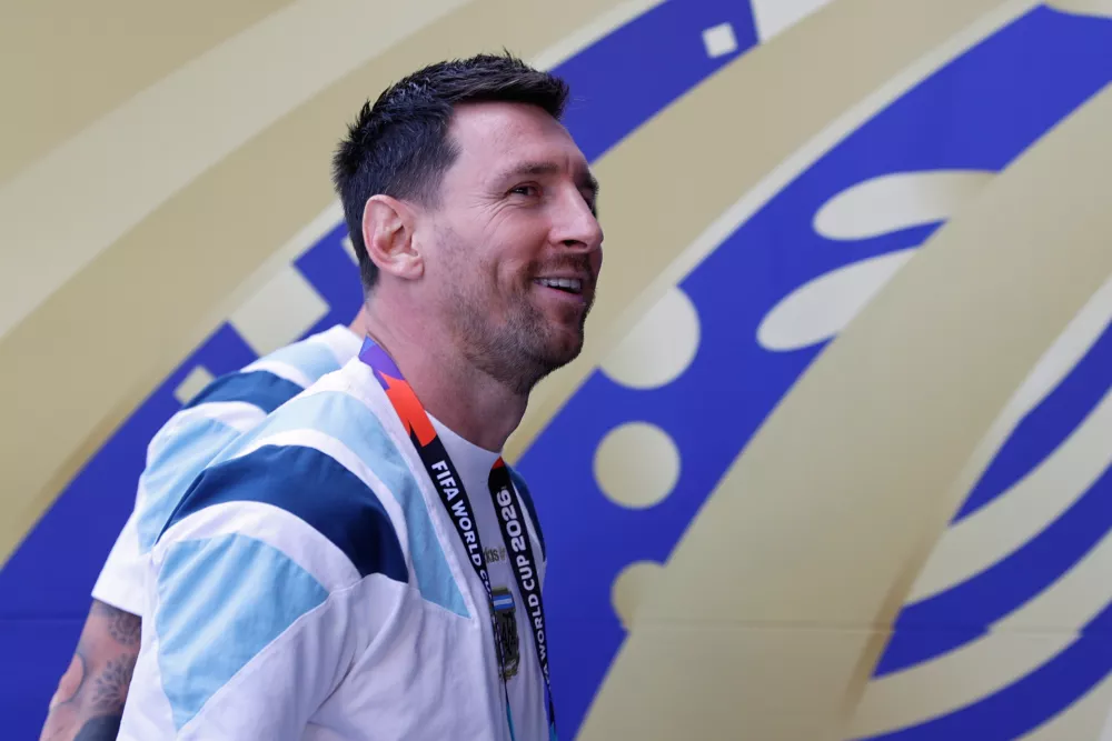 Argentina's Lionel Messi arrives for the World Cup final soccer match between Spain and Argentina in East Rutherford, N.J., near New York, Sunday, July 19, 2026. (AP Photo/Pamela Smith)