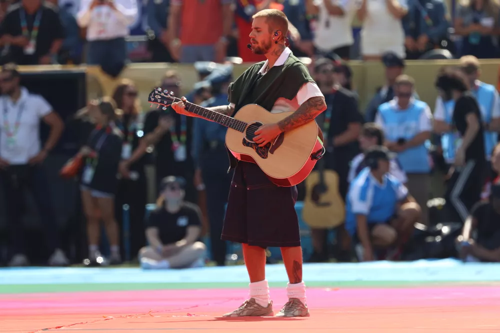 Justin Bieber performs during the halftime show during the World Cup final soccer match between Spain and Argentina in East Rutherford, N.J., near New York, Sunday, July 19, 2026. (AP Photo/Pamela Smith)