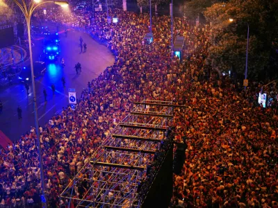 Spanish fans celebrate in central Madrid after Spain defeated Argentina in the World Cup final soccer match in East Rutherford, N.J., near New York, Sunday, July 19, 2026. (AP Photo/Manu Fernandez)