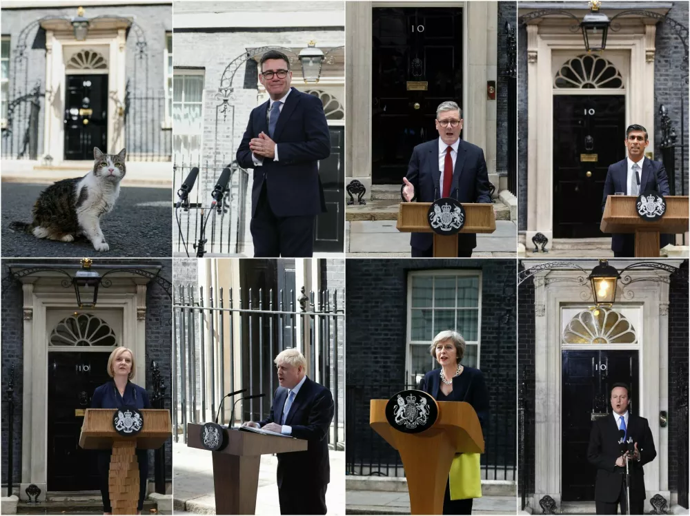 A combination picture shows Larry the cat outside the door to No. 10 Downing Street, Britain's new Prime Minister Andy Burnham, July 20, 2026, Britain's Prime Minister Keir Starmer, July 5, 2024, Britain's Prime Minister Rishi Sunak, October 25, 2022, Britain's Prime Minister Liz Truss September 6, 2022, Britain's Prime Minister Boris Johnson July 24, 2019, Britain's Prime Minister Theresa May July 13, 2016 and Britain's Prime Minister David Cameron, May 11, 2010, as they speak in front of Number 10 Downing Street, in London, Britain. REUTERS/Isabel Infantes/Peter Nicholls/Phil Noble/Henry Nicholls/Cathal McNaughton/Toby Melville