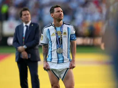 Argentina's Lionel Messi (10) reacts after the World Cup final soccer match between Spain and Argentina in East Rutherford, N.J., near New York, Sunday, July 19, 2026. (AP Photo/Stephanie Scarbrough)