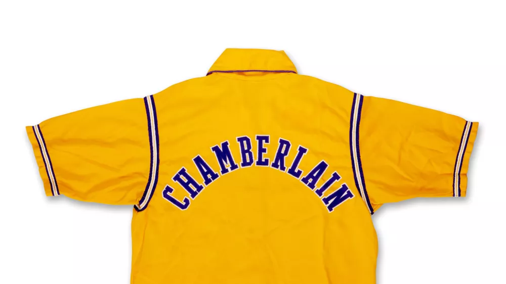 This undated photo provided by Sotheby's shows a warmup jacket worn by Wilt Chamberlain during the 1972 NBA Finals that was found in an Oregon thrift store. (Sotheby's via AP)