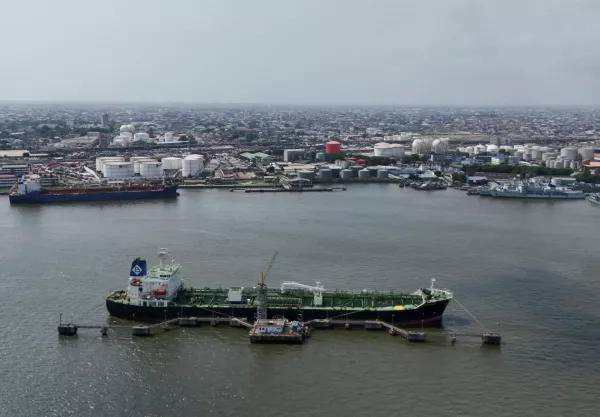FILE PHOTO: A drone view of an oil tanker ship anchored on Lagos Lagoon in Lagos, Nigeria, December 2, 2025. REUTERS/Sodiq Adelakun/File Photo