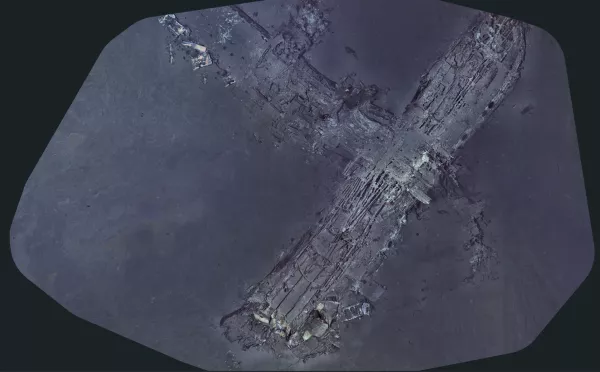 This undated composite image provided by the Air/Sea Heritage Foundation and Deep Sea Vision on Tuesday, July 21, 2026, shows the Clipper Endeavor wreck. (Air/Sea Heritage Foundation and Deep Sea Vision via AP)