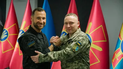 Acting Defence Minister Yevhenii Khmara and new commander-in-chief of Ukraine's armed forces, Mykhailo Drapatyi pose for a picture, amid Russia's attack on Ukraine, in Kyiv, Ukraine, in this handout picture released July 22, 2026. Press Service of the Ukrainian Armed Forces/Handout via REUTERS ATTENTION EDITORS - THIS IMAGE HAS BEEN SUPPLIED BY A THIRD PARTY.