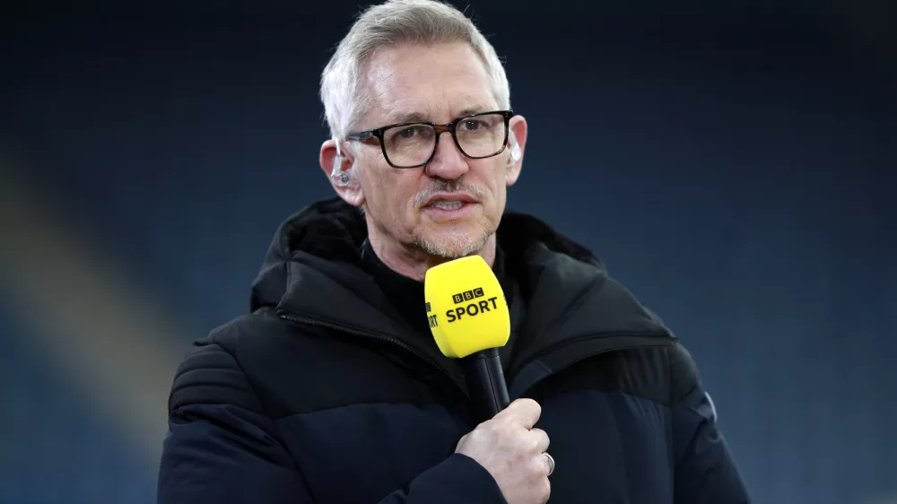 FILED - 21 March 2021, United Kingdom, Leicester: Presenter Gary Lineker speaks while covering the FA Cup quarter-final soccer match between Leicester City and Manchester United at the King Power Stadium. Linkener who leave the BBC after this weekend's Match Of The Day. Photo: Ian Walton/PA Wire/dpa