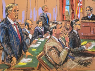 Government lawyers and lawyers for the New York Times, David O'Neil, Douglas Zolkind, Julie Edelstein and Leah Rosenberg appear in court for a hearing on subpoenas issued to New York Times' journalists who reported on security concerns about the president flying on a Qatari-donated Air Force One, as Judge Arun Subramanian presides in a courtroom in New York City, U.S., July 23, 2026 in a courtroom sketch.  REUTERS/Jane Rosenberg