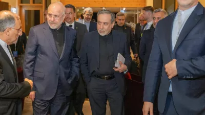 Minister of Foreign Affairs of Iran, Seyyed Abbas Araghchi, centre, and Speaker of the Islamic Parliament of Iran, Mohammad Bagher Ghalibaf, left, at the Buergenstock resort in Obbuergen, near Lucerne, Switzerland, Sunday, June 20, 2026.  URS FLUEELER/Pool via REUTERS