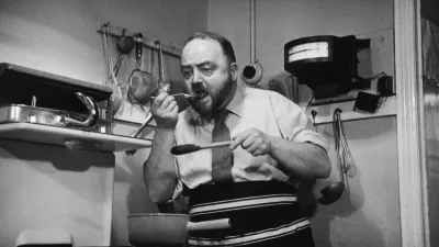 TV chef Philip Harben shows viewers how to prepare a French onion soup, in his kitchen in St John's Wood, London, 24th October 1953. Original Publication: Picture Post - 6775 - Picture Post Television Preview - Onion Soup A La Harben - pub. 1953 (Photo by Bert Hardy/Picture Post/Hulton Archive/Getty Images)