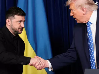 FILE PHOTO: U.S. President Donald Trump and Ukrainian President Volodymyr Zelenskiy shake hands during a press conference after their lunch meeting at Trump?s Mar-a-Lago club, in Palm Beach, Florida, U.S., December 28, 2025. REUTERS/Jonathan Ernst/File Photo