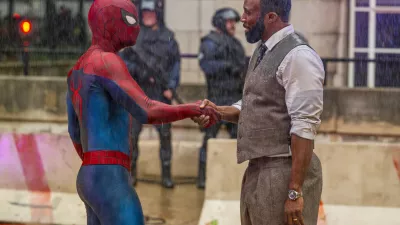 This image released by Sony Pictures shows Spider-Man, left, and Tramell Tillman in a scene from "Spider-Man: Brand New Day." (Sony Pictures via AP)
