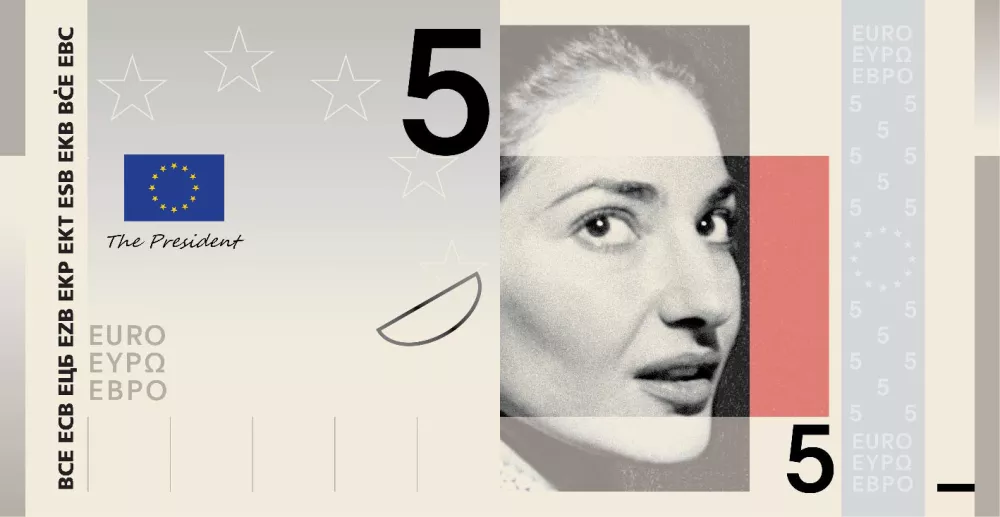 Na bankovcu za pet evrov je operna diva Maria Callas. / Foto: Ecb