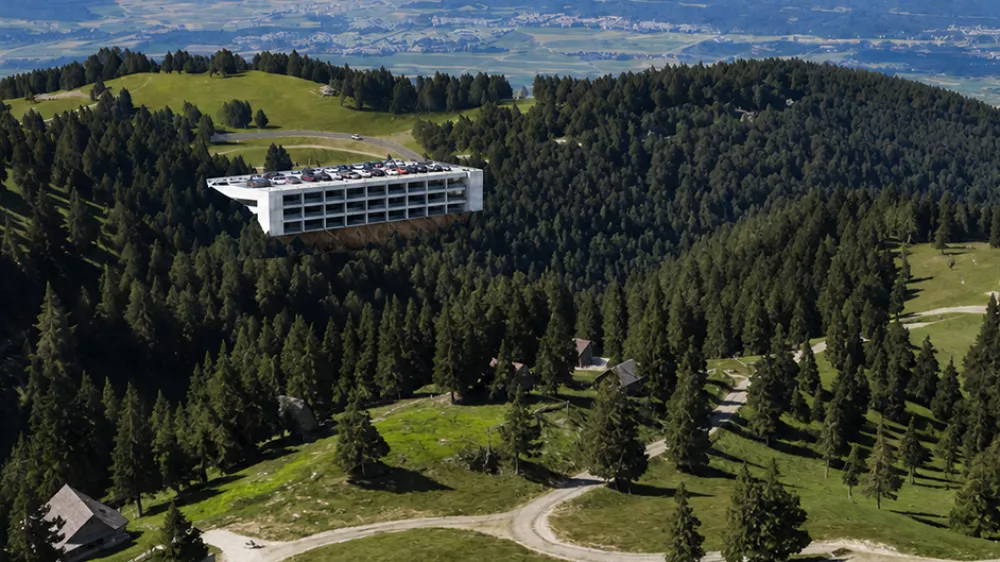 Pogled na predvideno garažno hi&scaron;o Jezerca s Kri&scaron;ke planine. Vizualizacijo je na podlagi trenutno dostopnih podatkov pripravila Koalicija za trajnostno prometno politiko. Foto: KTPP