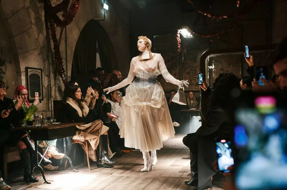 FILE -- Actress Gwendoline Christie closes the Maison Margiela spring 2024 couture show in Paris on Jan. 25, 2024. In 2014, John Galliano was named creative director of Maison Margiela, where he remained for a decade.,Image: 1120285393, License: Rights-managed, Restrictions: A JAN. 25, 2024 FILE PHOTO, Model Release: no 