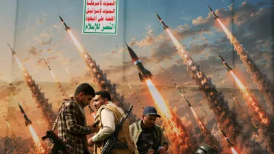 Houthi activists stand on a platform against a banner depicting Houthi missiles, at an anti-Saudi rally amid an escalation with the kingdom, in Sanaa, Yemen, July 31, 2026. REUTERS/Khaled Abdullah
