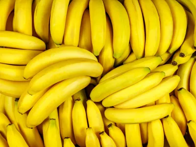 Background of many banana pieces, overhead view, studio food photography. Macro