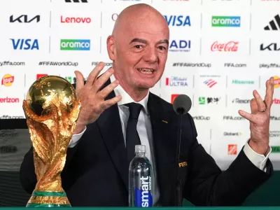 FILE - FIFA President Gianni Infantino speaks during a news conference at the stadium in Mexico City, Wednesday, June 10, 2026. (AP Photo/Eduardo Verdugo, File)