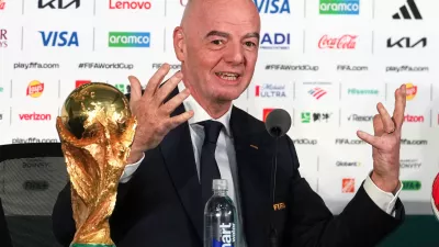 FILE - FIFA President Gianni Infantino speaks during a news conference at the stadium in Mexico City, Wednesday, June 10, 2026. (AP Photo/Eduardo Verdugo, File)