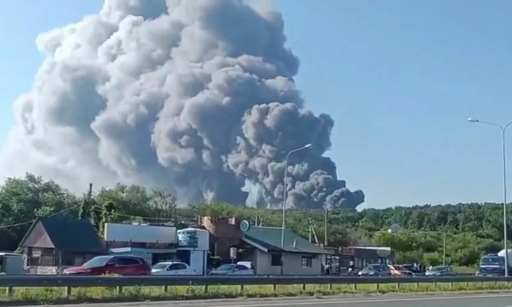 Smoke rises after a Ukrainian drone attack on a Wildberries warehouse, in Novosemeykino, Samara region, Russia, August 2, 2026, in this still image obtained from a video. SOCIAL MEDIA/via REUTERS THIS IMAGE HAS BEEN SUPPLIED BY A THIRD PARTY. NO RESALES. NO ARCHIVES. NEWS USE ONLY. Verification Lines: Reuters verified the location from the buildings, the trees and the road layout seen in the video, which matched archive and satellite imagery of the area. The date when the video was recorded was verified by a statement from the governor of Samara region, who said on August 2 that a drone attack on a Wildberries warehouse in the region had occurred. The direction of the smoke seen in the video is consistent with the location of the Wildberries warehouse. NASA Firms (NASA's global tracking fire map) also detected thermal activity near the warehouse's location on August 2.
