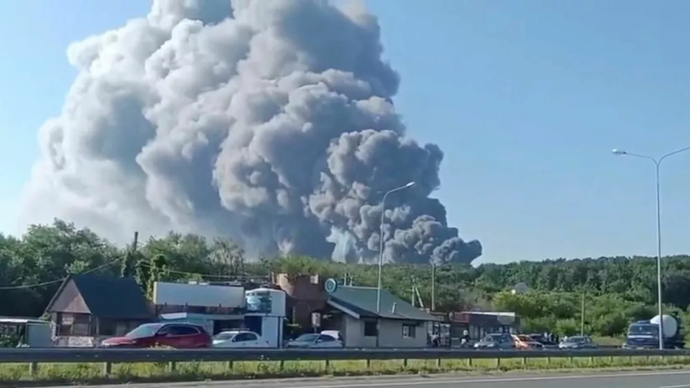 Smoke rises after a Ukrainian drone attack on a Wildberries warehouse, in Novosemeykino, Samara region, Russia, August 2, 2026, in this still image obtained from a video. SOCIAL MEDIA/via REUTERS THIS IMAGE HAS BEEN SUPPLIED BY A THIRD PARTY. NO RESALES. NO ARCHIVES. NEWS USE ONLY. Verification Lines: Reuters verified the location from the buildings, the trees and the road layout seen in the video, which matched archive and satellite imagery of the area. The date when the video was recorded was verified by a statement from the governor of Samara region, who said on August 2 that a drone attack on a Wildberries warehouse in the region had occurred. The direction of the smoke seen in the video is consistent with the location of the Wildberries warehouse. NASA Firms (NASA's global tracking fire map) also detected thermal activity near the warehouse's location on August 2.