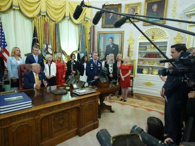 President Donald Trump speaks during a meeting about military families, in the Oval Office of the White House, Monday, Aug. 3, 2026, in Washington. (AP Photo/Alex Brandon)