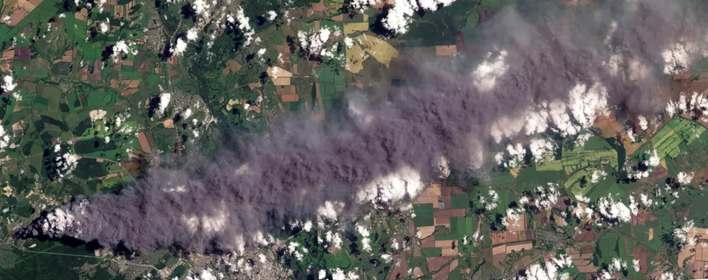 A satellite image shows smoke rising out of a damaged Wildberries facility after a Ukrainian drone attack, in Novosemeykino, Samara Region, Russia, August 2, 2026. 2026 Planet Labs PBC/Handout via REUTERS  THIS IMAGE HAS BEEN SUPPLIED BY A THIRD PARTY. MANDATORY CREDIT.