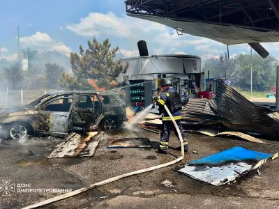 In this photo provided by the Ukrainian Emergency Service, firefighters put out a fire at a gas station following a Russian drone attack in Dnipropetrovsk region, Ukraine, Monday, Aug. 3, 2026. (Ukrainian Emergency Service via AP)