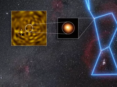 Cile.Posnetek zvezde, ki krozi okoli Betelgeze.Astronomi so prvic posneli podobo dolgo iskane zvezde, ki krozi okoli Betelgeze, ene najsvetlejsih in najbolj prepoznavnih zvezd na nocnem nebu. Odkritje po vec kot stoletju iskanja med drugim potrjuje domnevo, da znacilno spreminjanje svetlosti velike zvezde povzroca njena precej manjsa spremljevalka.