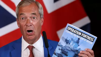 Britain's Reform UK party leader Nigel Farage holds a booklet that reads "Operation Fortress, Stopping the Invasion of Britain" as he speaks during a press conference with the party's home affairs spokesperson Zia Yusuf in London, Britain, August 3, 2026. REUTERS/Toby Melville   TPX IMAGES OF THE DAY