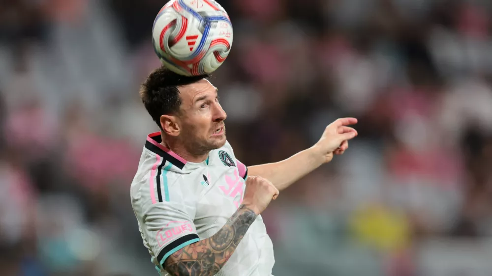Aug 1, 2026; Miami, Florida, USA; Inter Miami CF forward Lionel Messi (10) hits a header against the Columbus Crew during the second half at Nu Stadium. Mandatory Credit: Sam Navarro-Imagn Images
