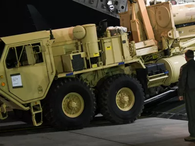 A Terminal High Altitude Area Defense (THAAD) interceptor arrives at Osan Air Base in Pyeongtaek, South Korea, in this handout picture provided by the United States Forces Korea (USFK) and released by Yonhap on March 7, 2017. Picture taken on March 6, 2017.  USFK/Yonhap via REUTERS  ATTENTION EDITORS - THIS IMAGE HAS BEEN SUPPLIED BY A THIRD PARTY. SOUTH KOREA OUT. FOR EDITORIAL USE ONLY. NO RESALES. NO ARCHIVE.