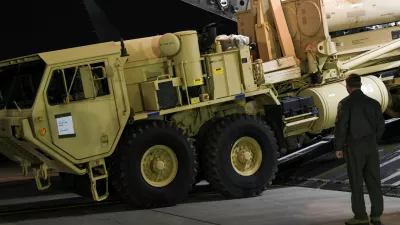 A Terminal High Altitude Area Defense (THAAD) interceptor arrives at Osan Air Base in Pyeongtaek, South Korea, in this handout picture provided by the United States Forces Korea (USFK) and released by Yonhap on March 7, 2017. Picture taken on March 6, 2017.  USFK/Yonhap via REUTERS  ATTENTION EDITORS - THIS IMAGE HAS BEEN SUPPLIED BY A THIRD PARTY. SOUTH KOREA OUT. FOR EDITORIAL USE ONLY. NO RESALES. NO ARCHIVE.