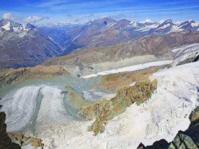 Glacier above Zermatt alpine valley swiss village panorama, Swiss Alps, Switzerland