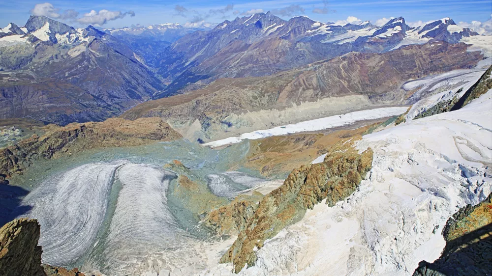 Glacier above Zermatt alpine valley swiss village panorama, Swiss Alps, Switzerland
