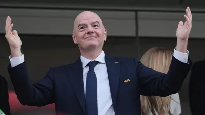 FIFA President Gianni Infantino attends the World Cup Group D soccer match between the United States and Paraguay in Inglewood, Calif., near Los Angeles, Friday, June 12, 2026. (AP Photo/Andre Penner)