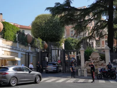 A motorcade arrives at the United States' Embassy in Rome, Italy, where ambassadors-level talks between Israel and Lebanon are expected to take place, Tuesday, Aug. 4, 2026. (AP Photo/Gregorio Borgia)