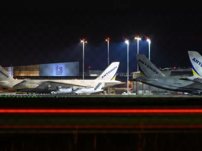 Ukrainian Antonov cargo planes are parked at Leipzig/Halle Airport in Schkeuditz, Germany, on Wednesday, Aug. 5, 2026. (Hendrik Schmidt/dpa via AP)