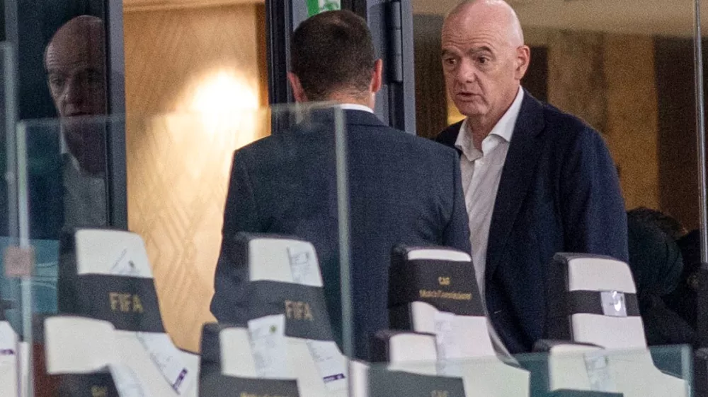 FIFA president Gianni Infantino attends a Women's AFCON 2026 soccer match between Malawi and Zambia, in Rabat, Morocco, Wednesday, Aug. 5, 2026. (AP Photo)