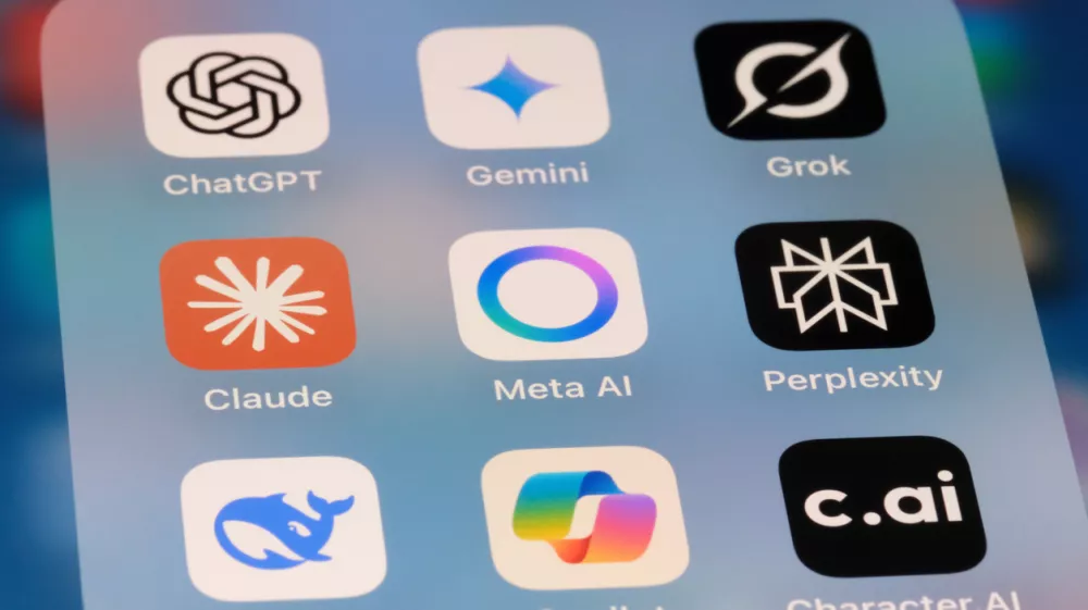 Shanghai,China-April 20th 2025: Meta AI, Claude, ChatGPT, Gemini, Grok, Perplexity, DeepSeek, Copilot and Character.AI. Assorted AI app icons