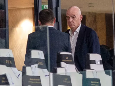 FIFA president Gianni Infantino attends a Women's AFCON 2026 soccer match between Malawi and Zambia, in Rabat, Morocco, Wednesday, Aug. 5, 2026. (AP Photo)