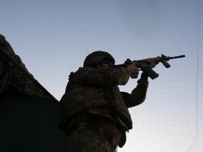 A soldier from the 13th Khartiia Operational Brigade is on duty in a sector of the Kharkiv region, Ukraine, on August 1, 2026. The unit is tasked with detecting and eliminating Russian FPV drones, Shaheds, Molniyas and other strike UCAVs. Soldiers remain at their positions around the clock, rotating in shifts to monitor the skies and respond to aerial threats. (Photo by Viacheslav Madiievskyi/Ukrinform/NurPhoto)NO USE FRANCE