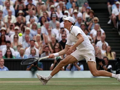 Tennis - Wimbledon - All England Lawn Tennis and Croquet Club, London, Britain - July 10, 2026 Italy's Jannik Sinner in action during his semi final match against Serbia's Novak Djokovic REUTERS/Marko Djurica