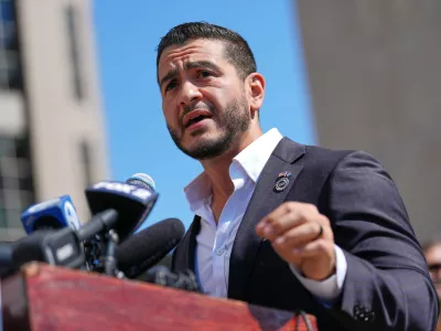 Abdul El-Sayed speaks during a news conference at the Spirit of Detroit shortly after winning the Democratic nomination for U.S. Senate in Michigan, Wednesday, Aug. 5, 2026, in Detroit. (AP Photo/Julia Demaree Nikhinson)