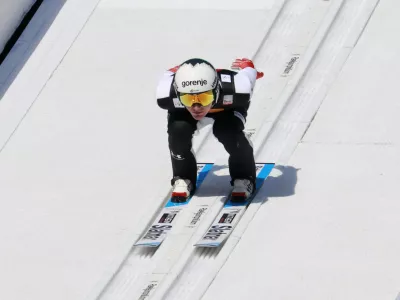 Ski Jumping - FIS Ski Jumping World Cup - Planica, Slovenia - March 28, 2026 Slovenia's Domen Prevc in action during the Mens Team HS240 Trial Round REUTERS/Borut Zivulovic