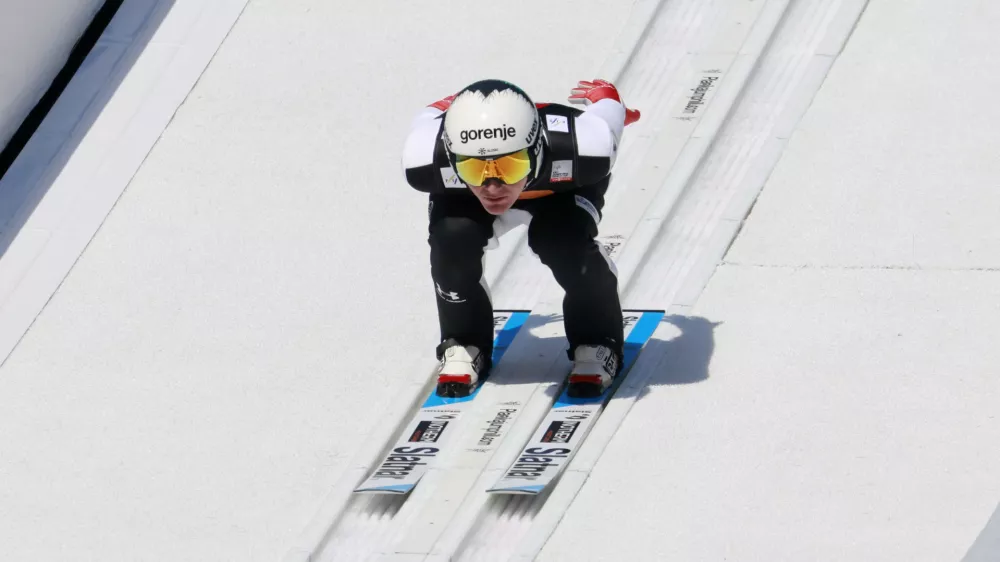 Ski Jumping - FIS Ski Jumping World Cup - Planica, Slovenia - March 28, 2026 Slovenia's Domen Prevc in action during the Mens Team HS240 Trial Round REUTERS/Borut Zivulovic
