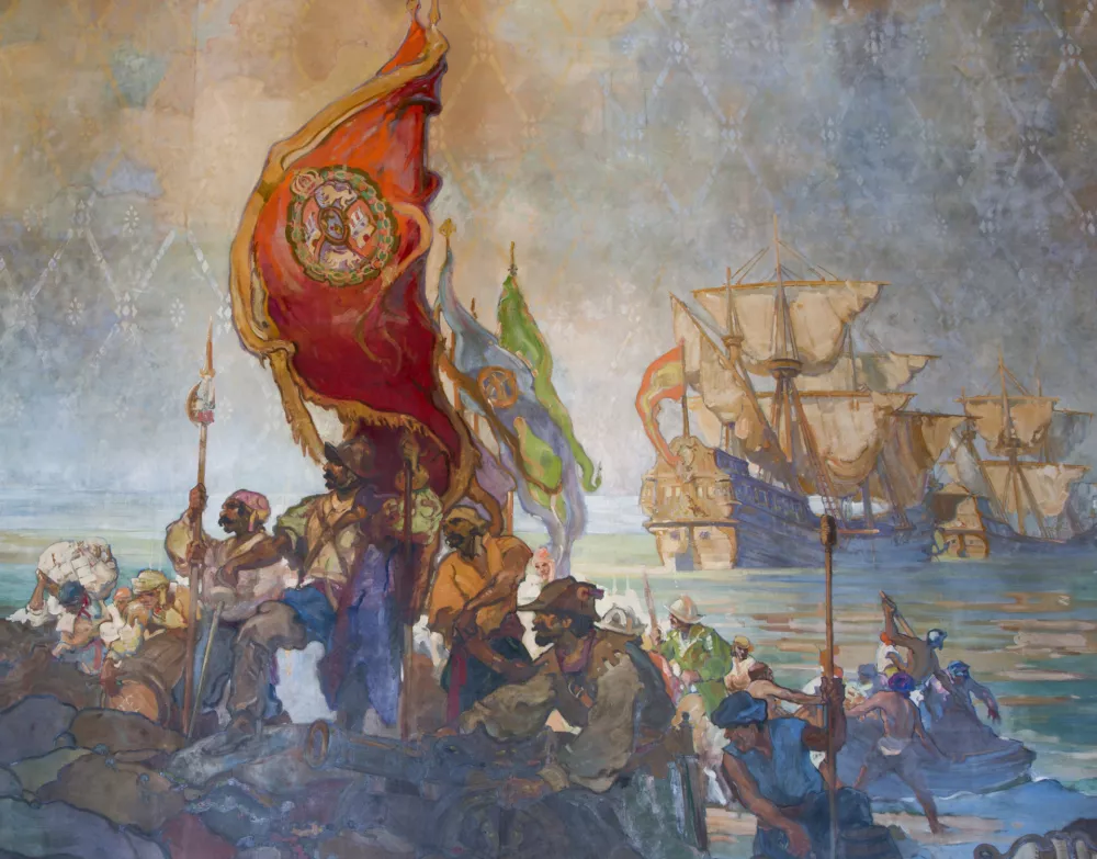 Portugalski raziskovalec Juan Rodr&iacute;guez Cabrillo leta 1542 razgla&scaron;a Kalifornijo za ozemlje &Scaron;panskega imperija. Gre za detajl s freske Daniela Sayreja Groesbecka na sodi&scaron;ču okrožja Santa Barbara. / Foto: Wikipedija