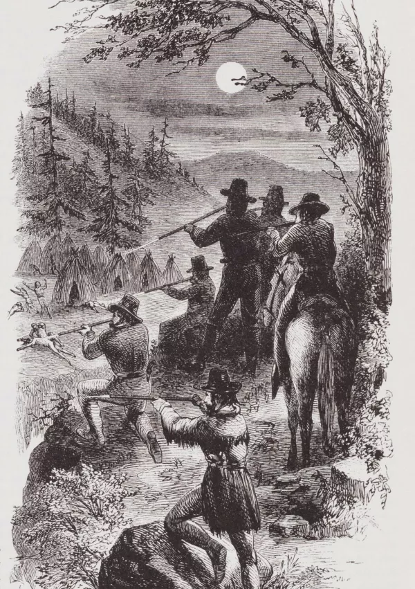 Kalifornijski genocid nad staroselci na ilustraciji J. R. Brownna iz leta 1864 v delu Indijanci Kalifornije. / Foto: Wikipedija